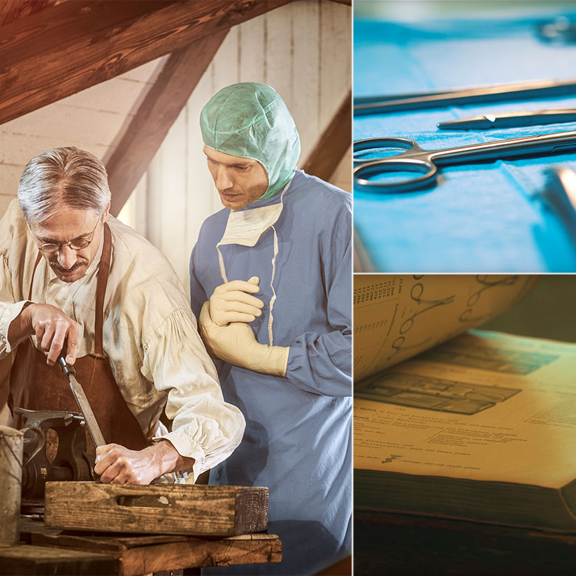 Bild-Collage eines altertümlichen Schreiners neben einem Chirurgen, OP Besteck und einem altmodischen Buch über Erklärungen von OP Besteck
