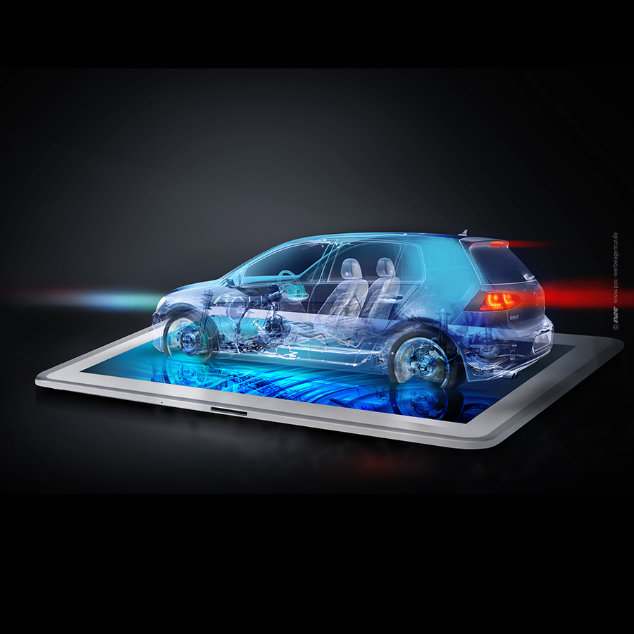 Durch Augmented Reality wird ein VW Golf auf ein Tablet projiziert