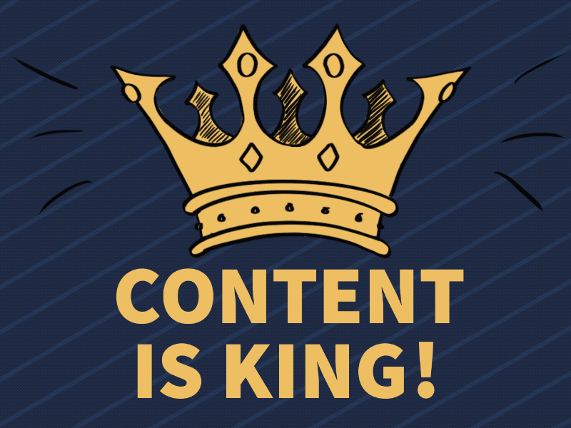 Krone mit Schriftzug Content is king, animiertes Fragezeichen wird zum Ausrufezeichen
