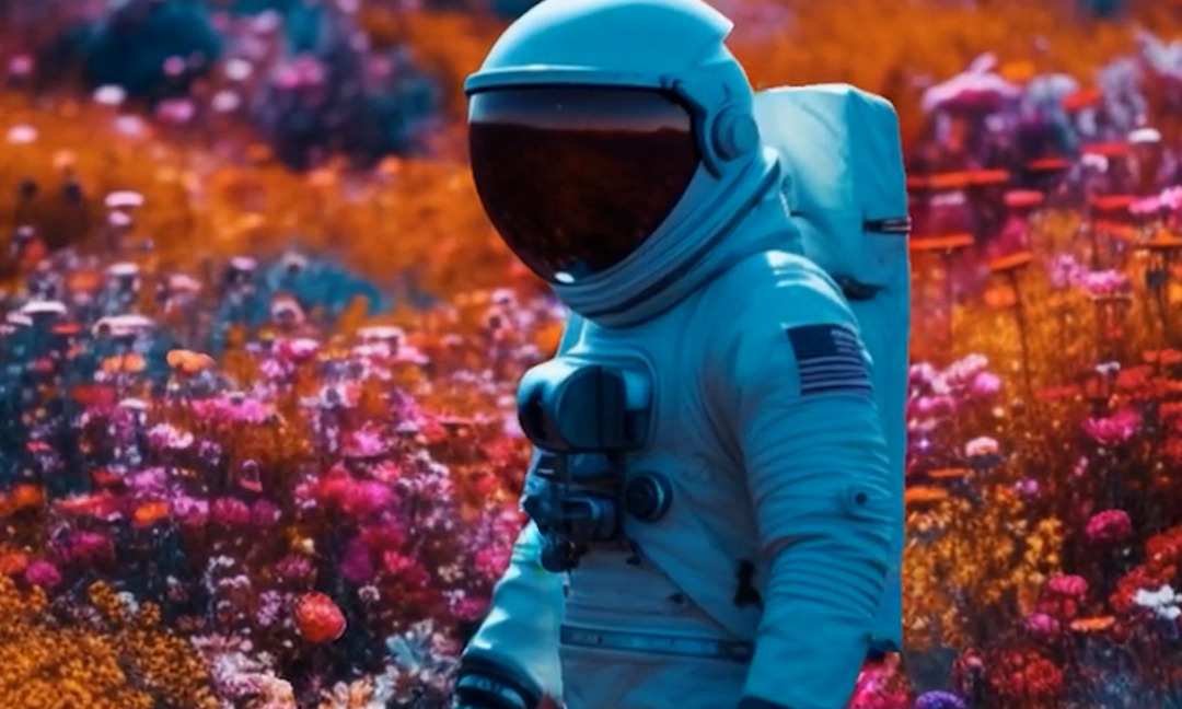 AI-generierter Astronaut vor bunter, blumenähnlicher Landschaft.